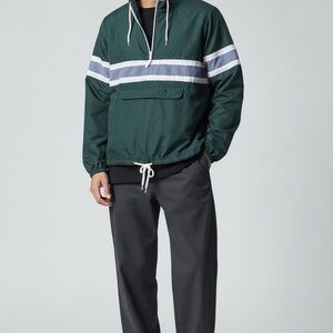 Zine Clothing Dark Green Pullover Windbreaker with White and Blue Stripes